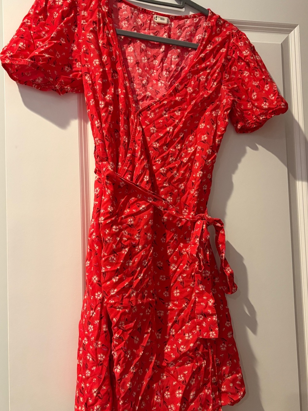 Macy's Red Floral Wrap-Style Midi Dress with Tie Waist